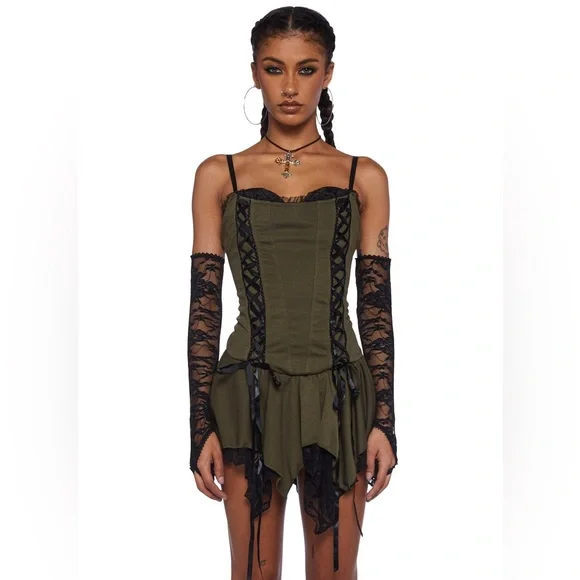 💔SOLD💔CURRENT MOOD Lost Tales Corset Mini Dress Handkerchief Hem Lace Trim - Picture 11 of 14